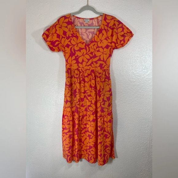 J. Crew Factory Orange Pink Floral Tiered Midi Dress Puff Sleeves V-Neck Size 0 - Picture 1 of 16